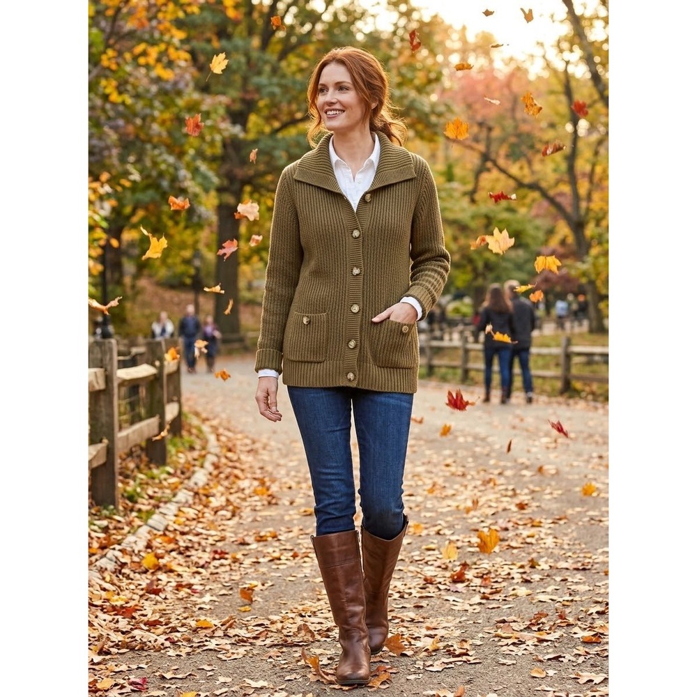 Orvis Womens Olive Green Shaker Stitch Shawl Collar Button Cardigan Sweater L